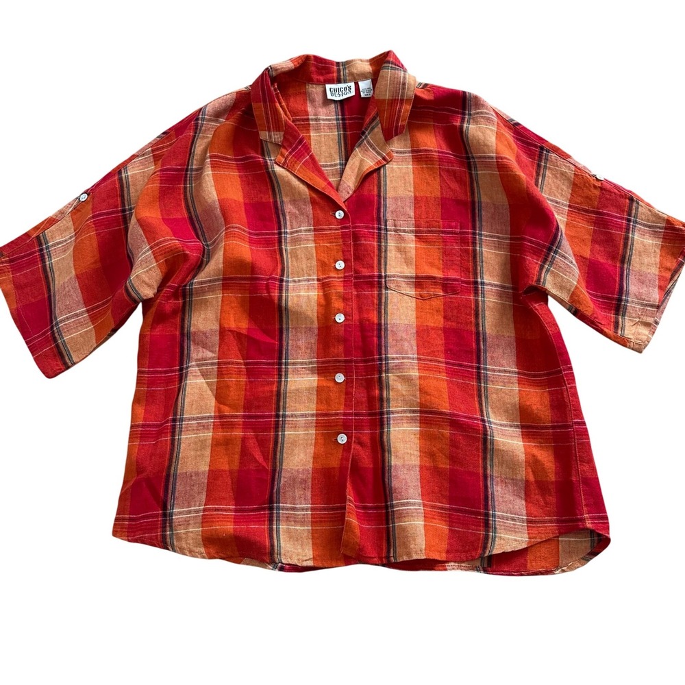 Chicos Design Red Orange Plaid 100% Linen Button Down Shirt Womens Size 3 Large